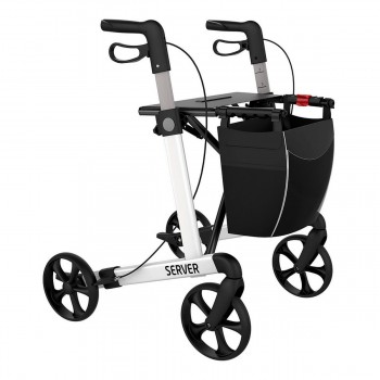 Andador Rollator Standard de aluminio SERVER color White Pearl con bolsa, 4 ruedas, vista delantera.