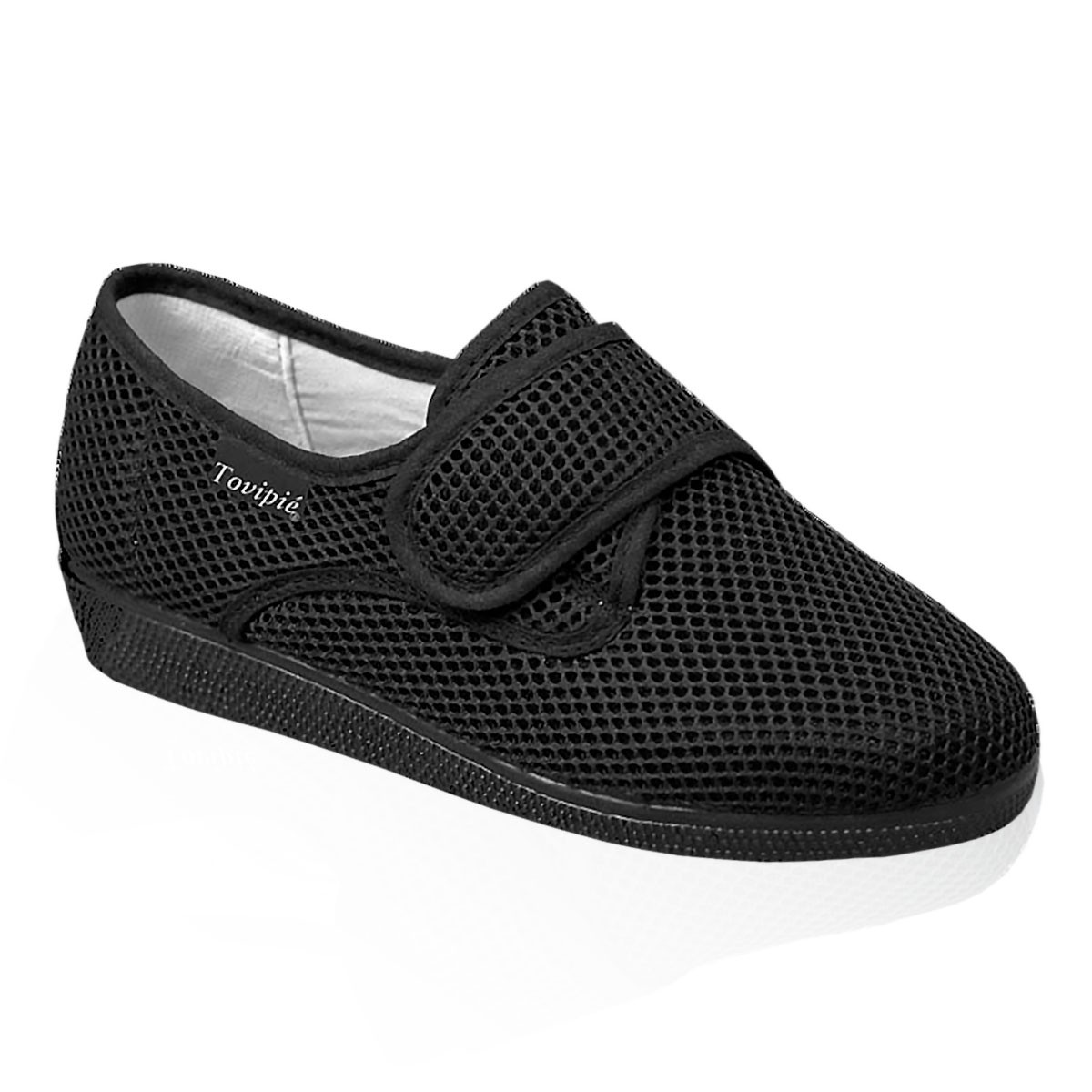 Zapatilla de señora negro, tejido elástico de rejilla con velcro ancho, suela antideslizante Tovipié.